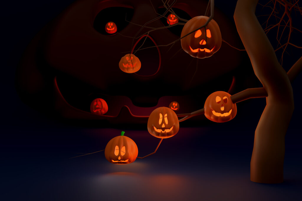 Halloween Jack o lanterns using nonflammable lights instead candles for safe decorating.